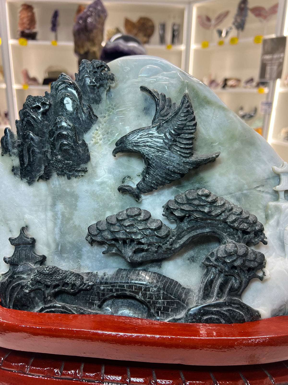 Huge Jade Landscape on Wooden Stand
