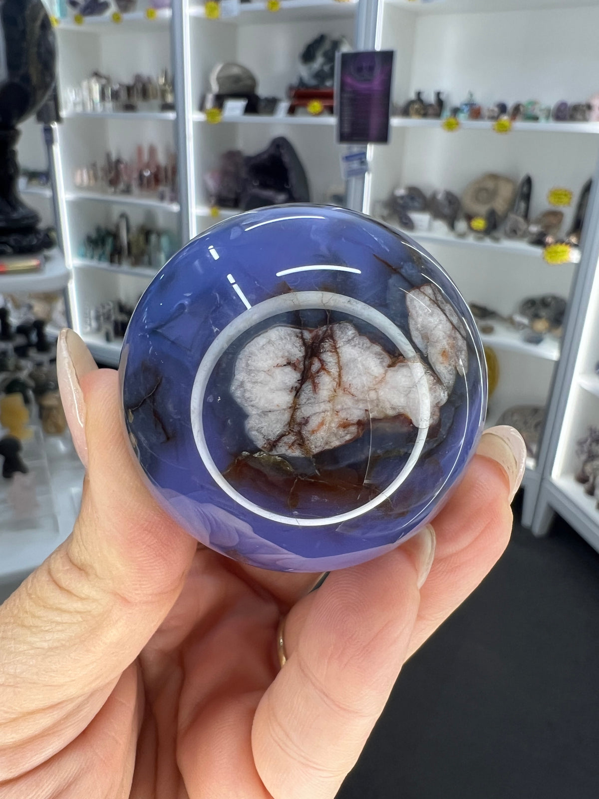 Blue Flower Agate Sphere on Stand