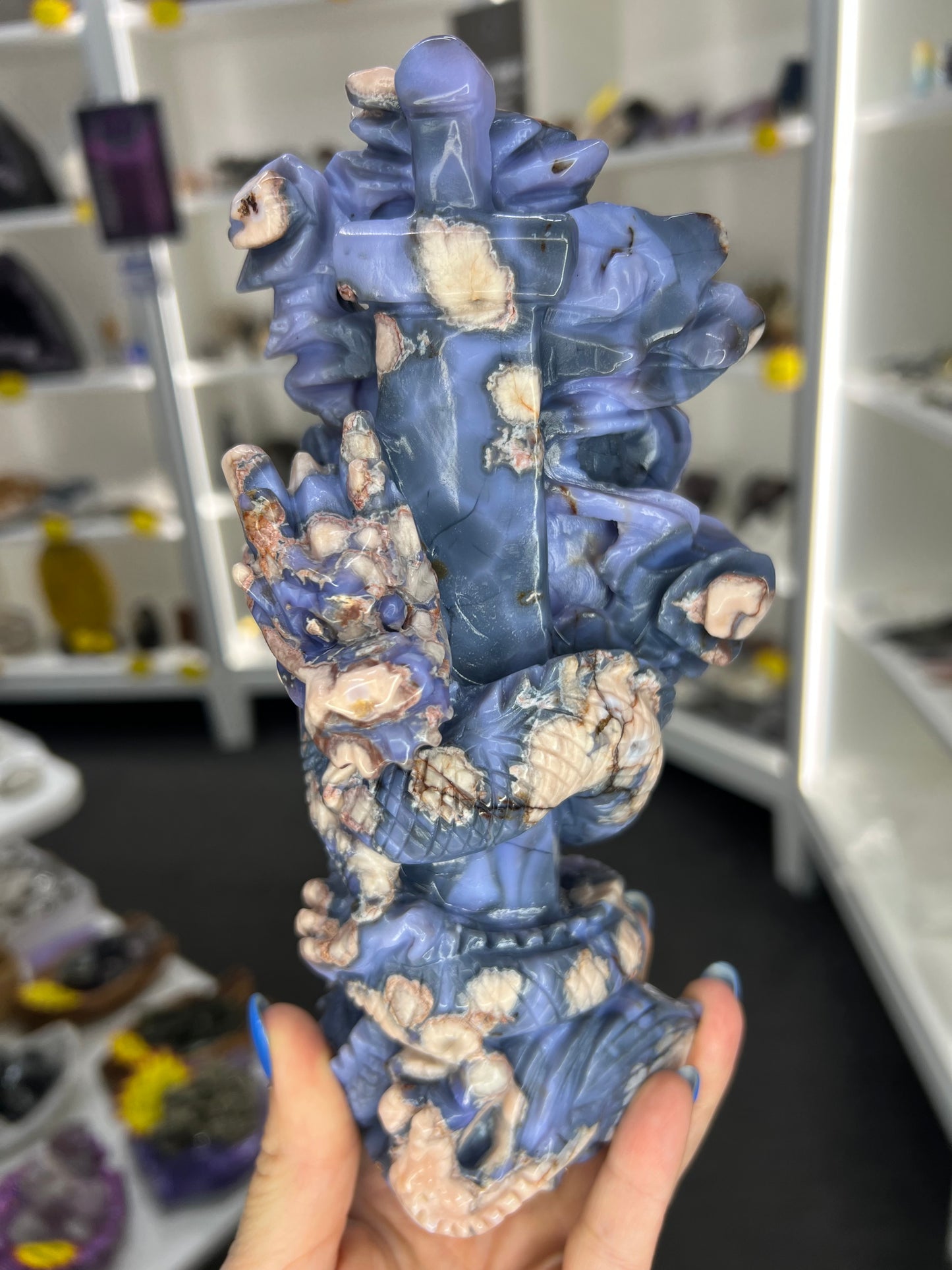 Blue Flower Agate Dragon on Sword