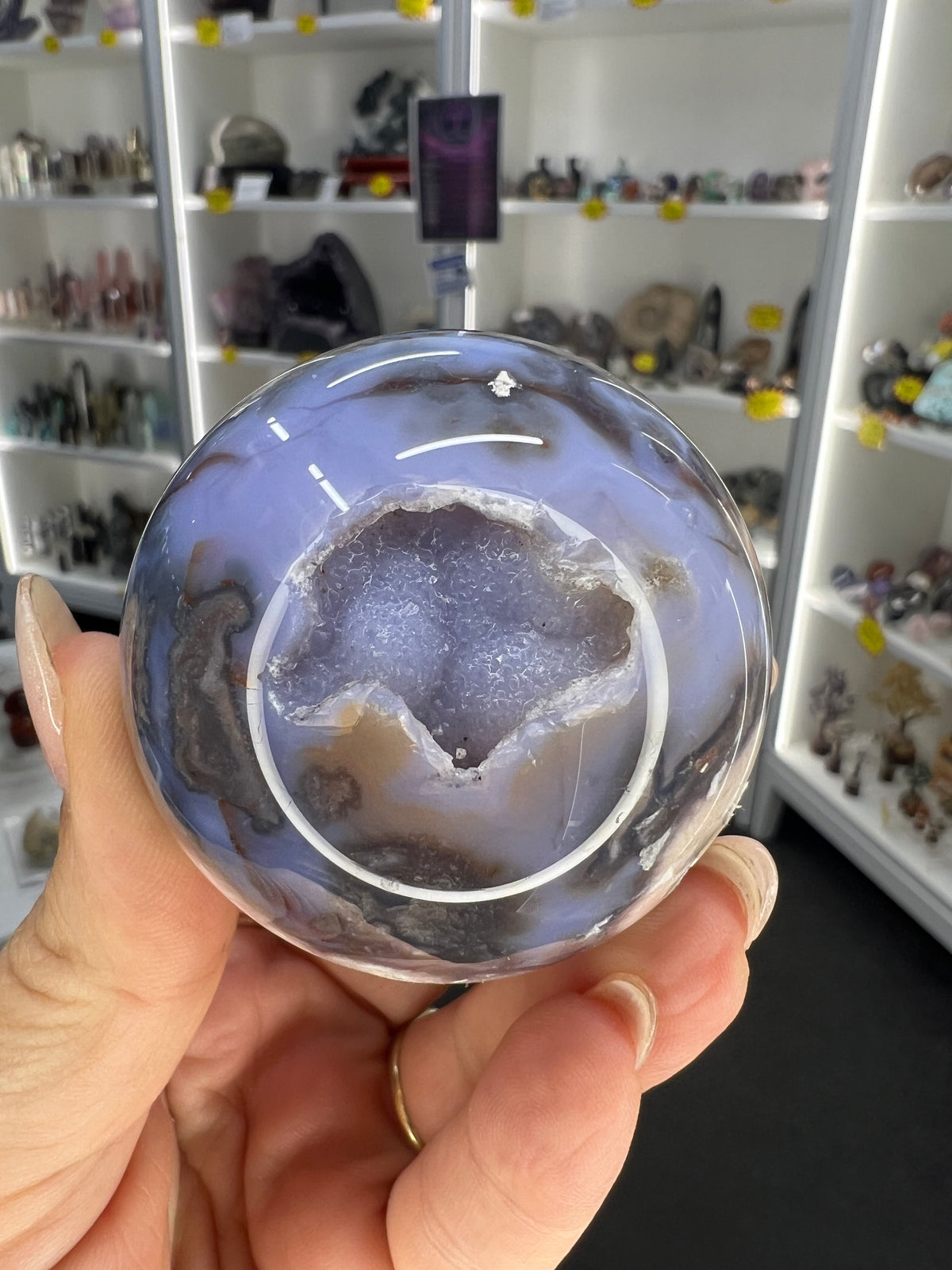 Blue Flower Agate Sphere on Stand