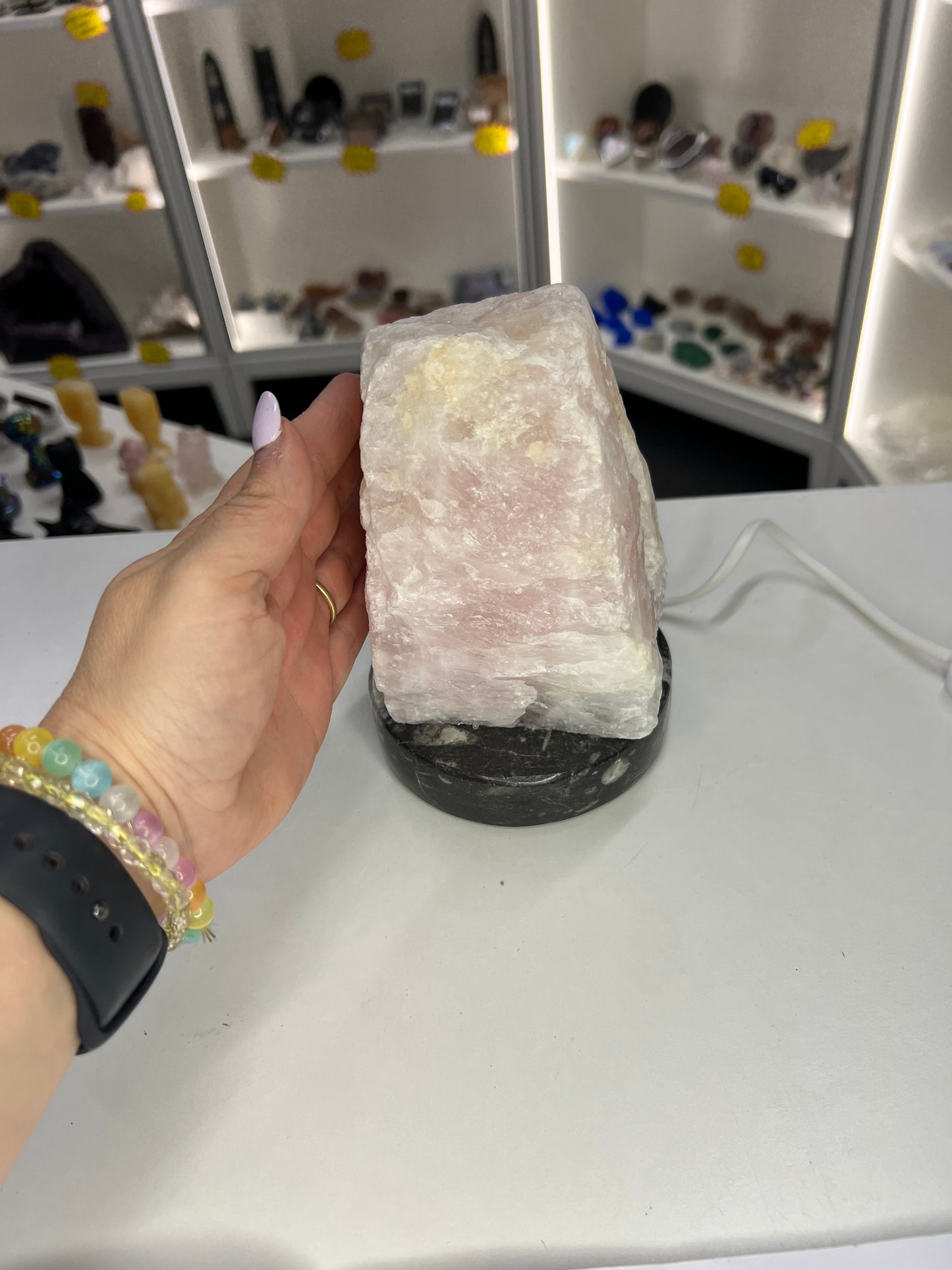 Rose Quartz Lamp on Fossil Orthoceras Base