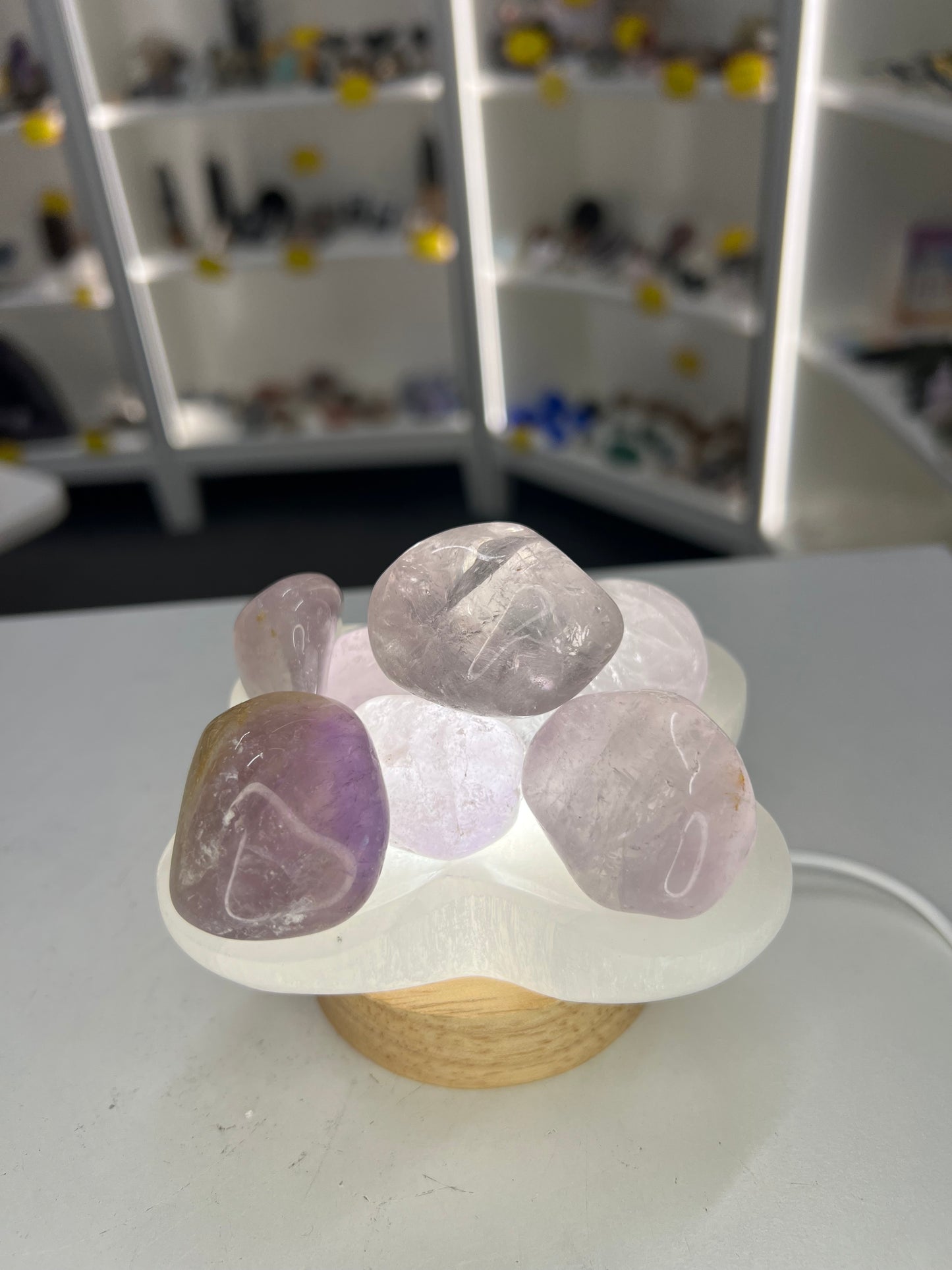 Amethyst Tumbles on Selenite Bowl Lamp