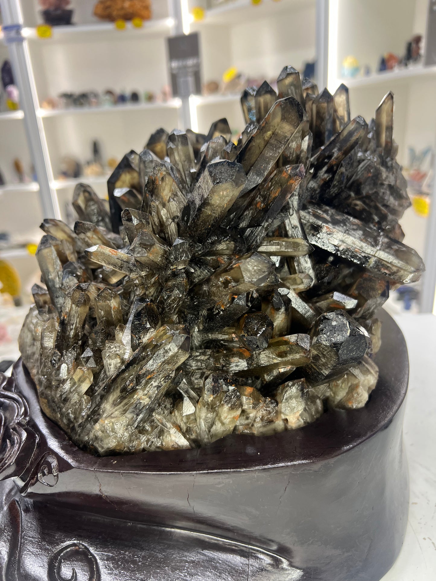 Spectacular Smoky Quartz Cluster on Custom Wooden Stand
