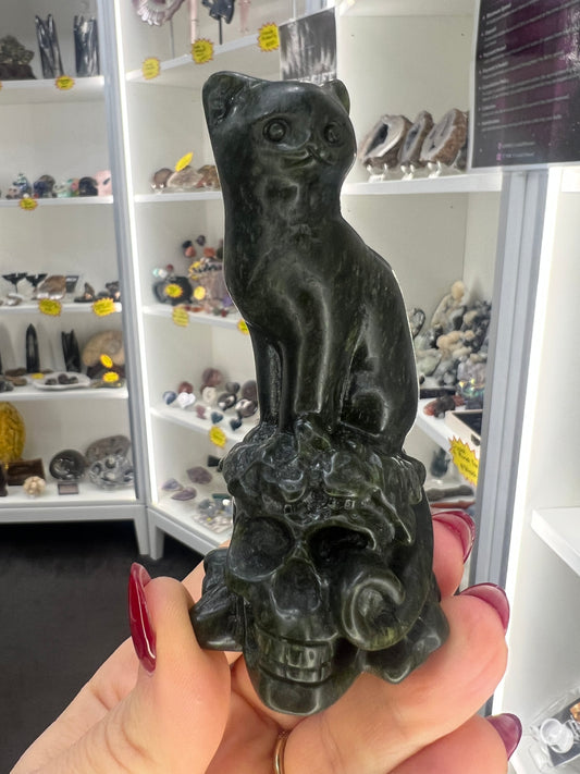 Green Jade Cat on Skull