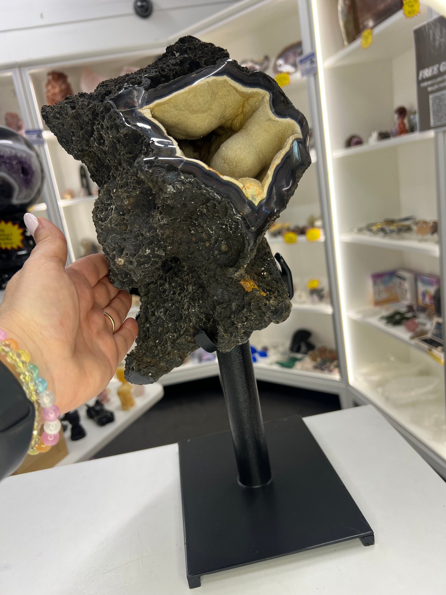 Super Rare Black Chalcedony on Metal Stand