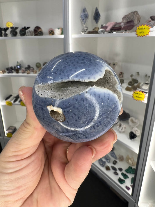 Blue Coral Jade Sphere on Stand