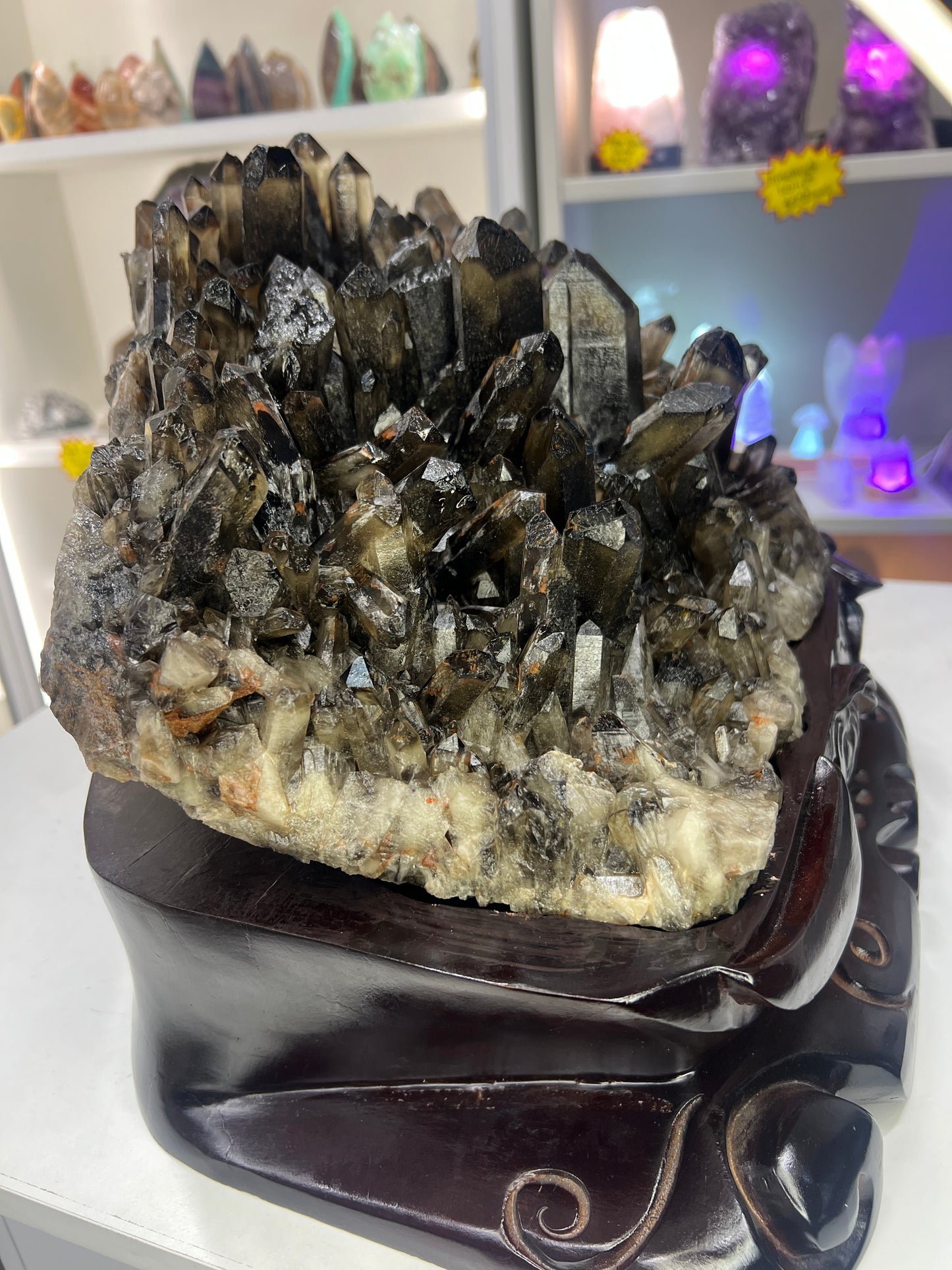 Spectacular Smoky Quartz Cluster on Custom Wooden Stand