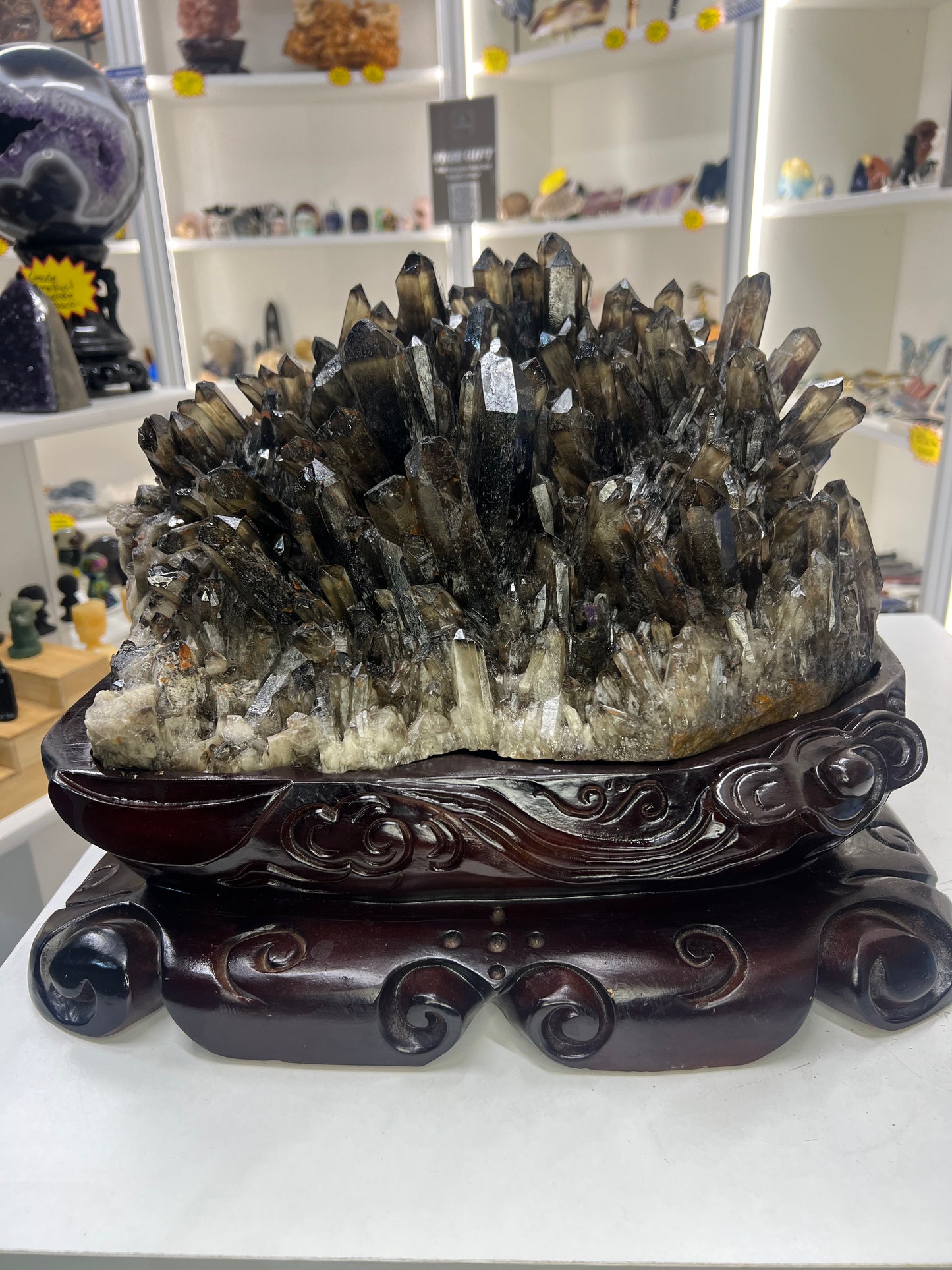 Spectacular Smoky Quartz Cluster on Custom Wooden Stand