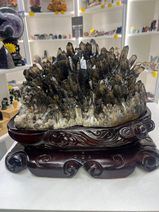 Spectacular Smoky Quartz Cluster on Custom Wooden Stand