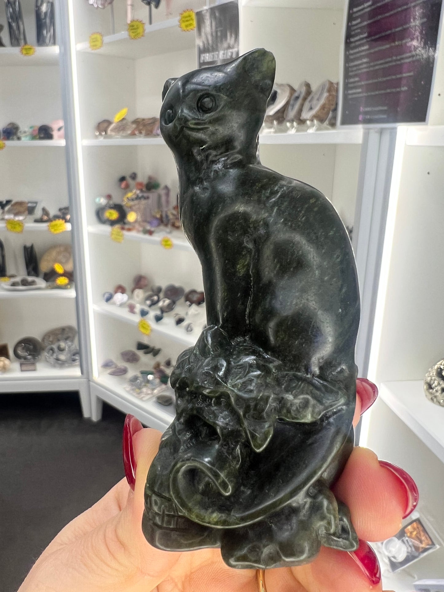 Green Jade Cat on Skull