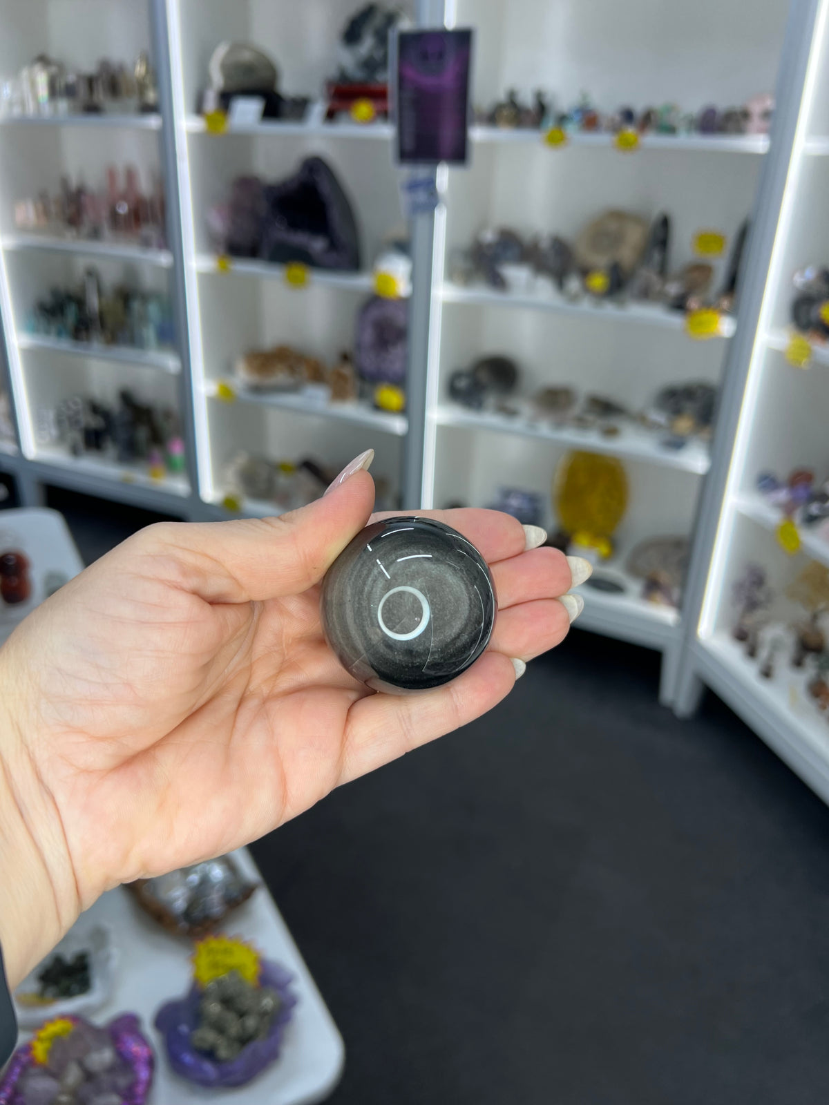 Silver Sheen Obsidian Sphere on Stand
