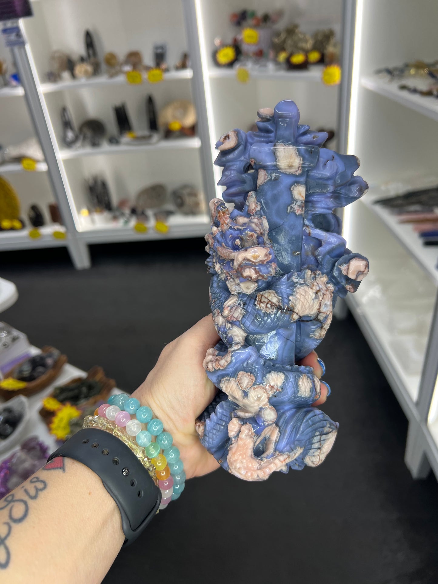 Blue Flower Agate Dragon on Sword