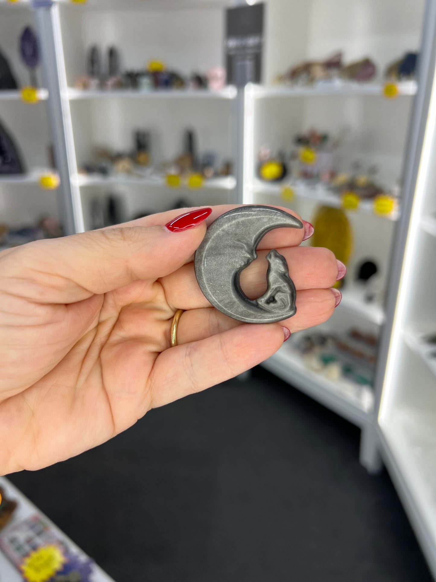 Silver Sheen Obsidian Wolf on Moon