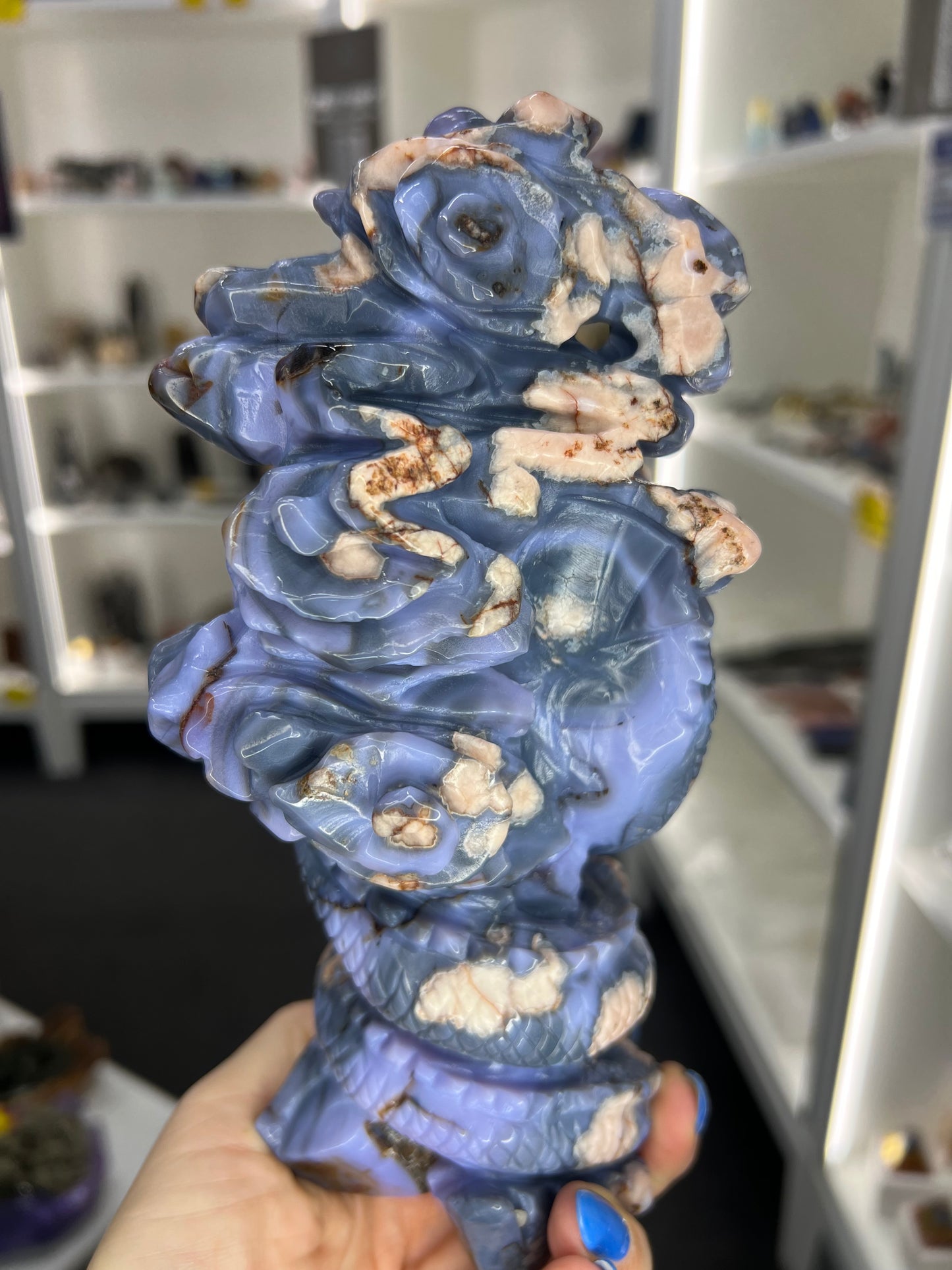 Blue Flower Agate Dragon on Sword