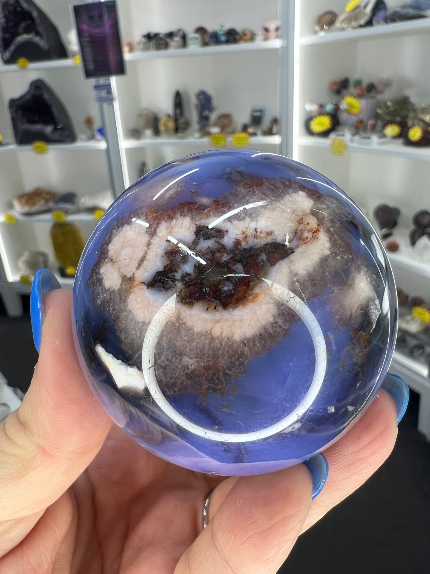 Blue Flower Agate Sphere on Stand