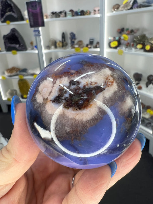 Blue Flower Agate Sphere on Stand