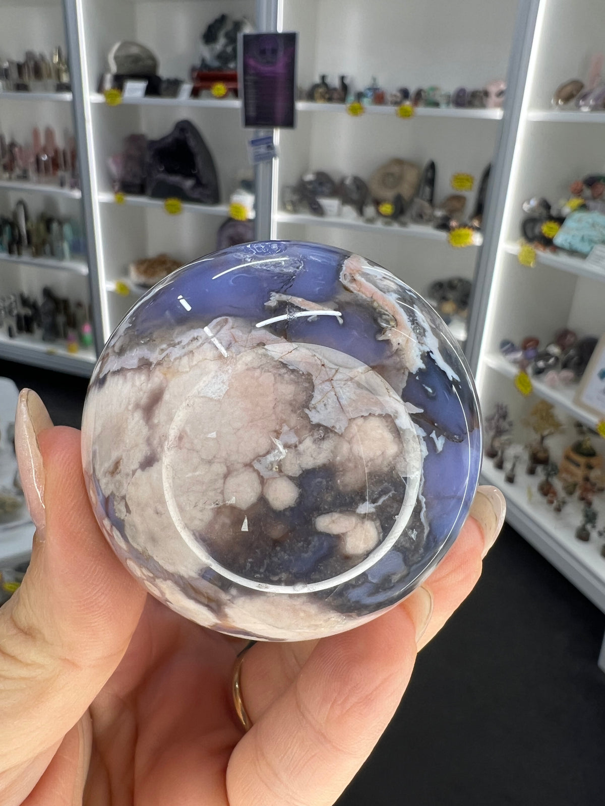 Blue Flower Agate Sphere on Stand