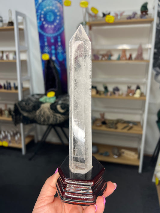 Clear Quartz Tower with Wooden Stand