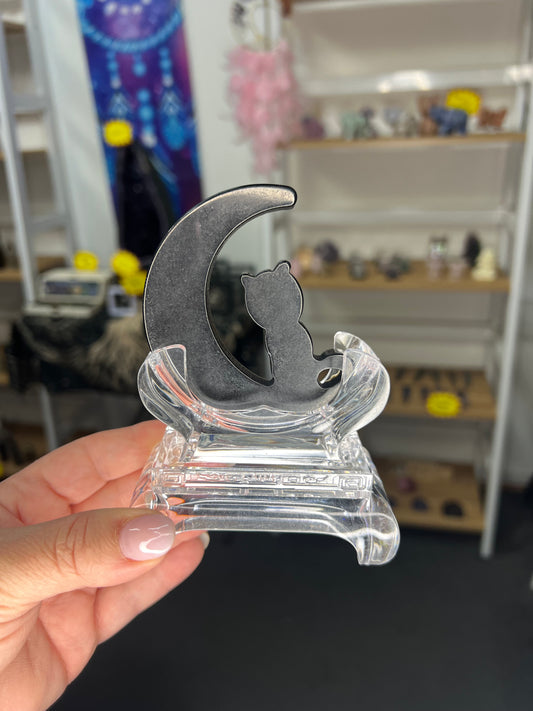 Black Obsidian Cat on Moon with Stand