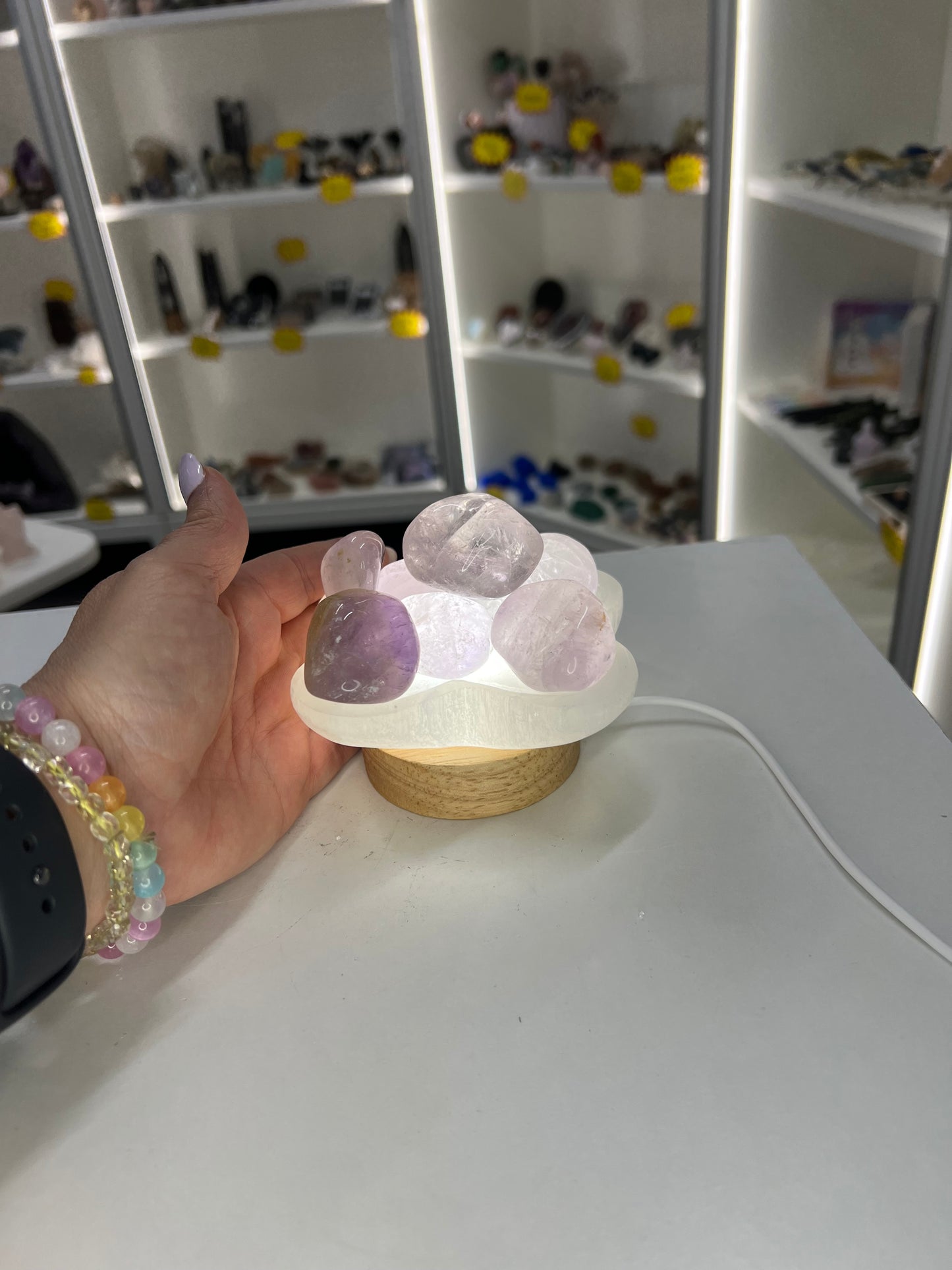 Amethyst Tumbles on Selenite Bowl Lamp