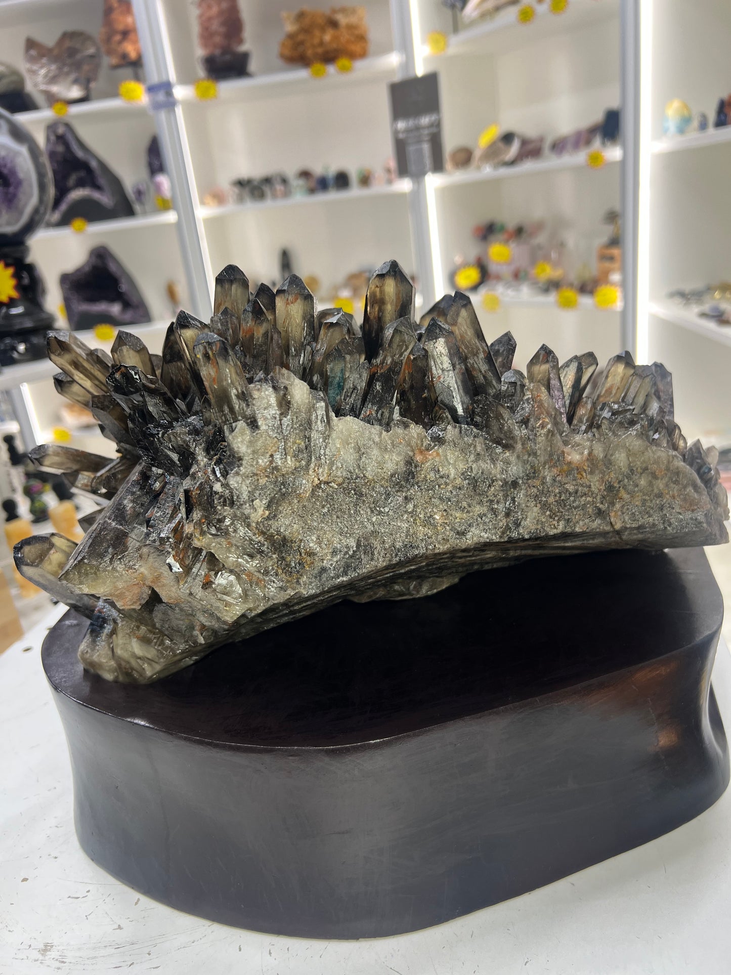 Spectacular Smoky Quartz Cluster on Custom Wooden Stand
